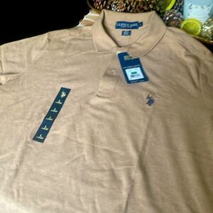 NWT US Polo Assn, camel color polo with navy jockey size L
